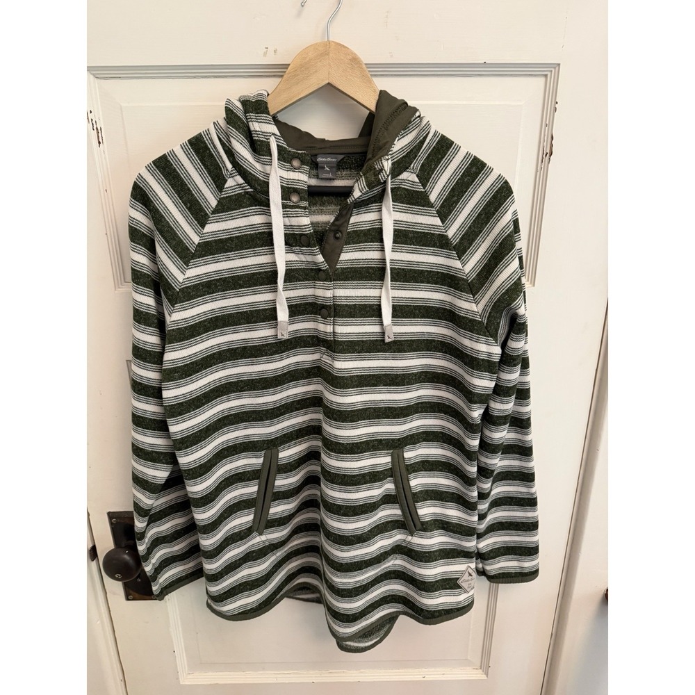 Eddie Bauer Women's Green Striped Fleece Lined Hoodie Sweatshirt Pockets Large